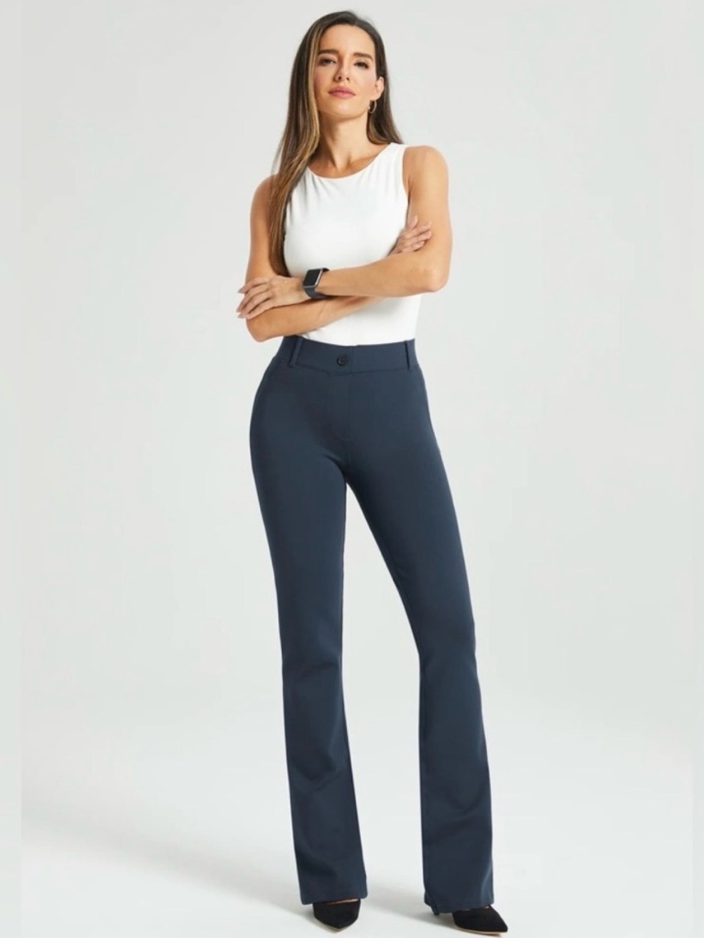 Betabrand Classic Dress Pant Yoga Plant Bootcut Navy Blue XL Long Office Career